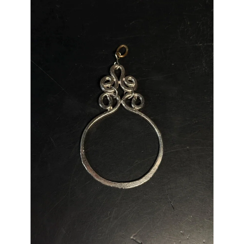 Silver Tone Hammered Open Hoop Scroll Pendant Large Boho Drop
